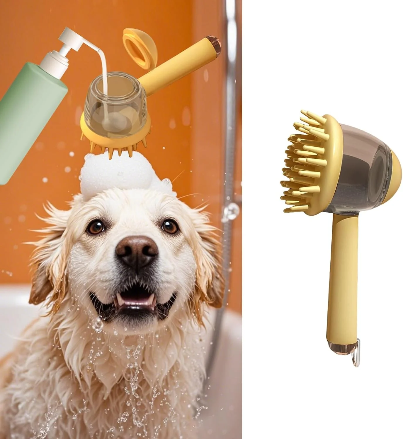 برس حمام سگ 2 در 1 PINKE - برس نظافت سیلیکونی نرم با دسته و پخش کننده شامپو برای تمیز کردن عمیق و ماساژ سگ ها و گربه ها، ملایم بر روی پوست حیوانات خانگی (زرد)