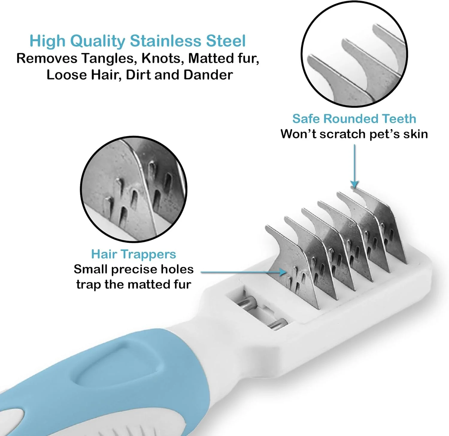 ابزار از بین بردن گره موی حیوانات خانگی پتس فرست - ابزار رفع گره برای آراستن گربه ها و سگ ها - از بین برنده موهای گره خورده، درهم، گره ها، موهای شل و کثیفی - فولاد ضد زنگ، دندانه های ملایم، دسته با روکش نرم و راحت، آبی