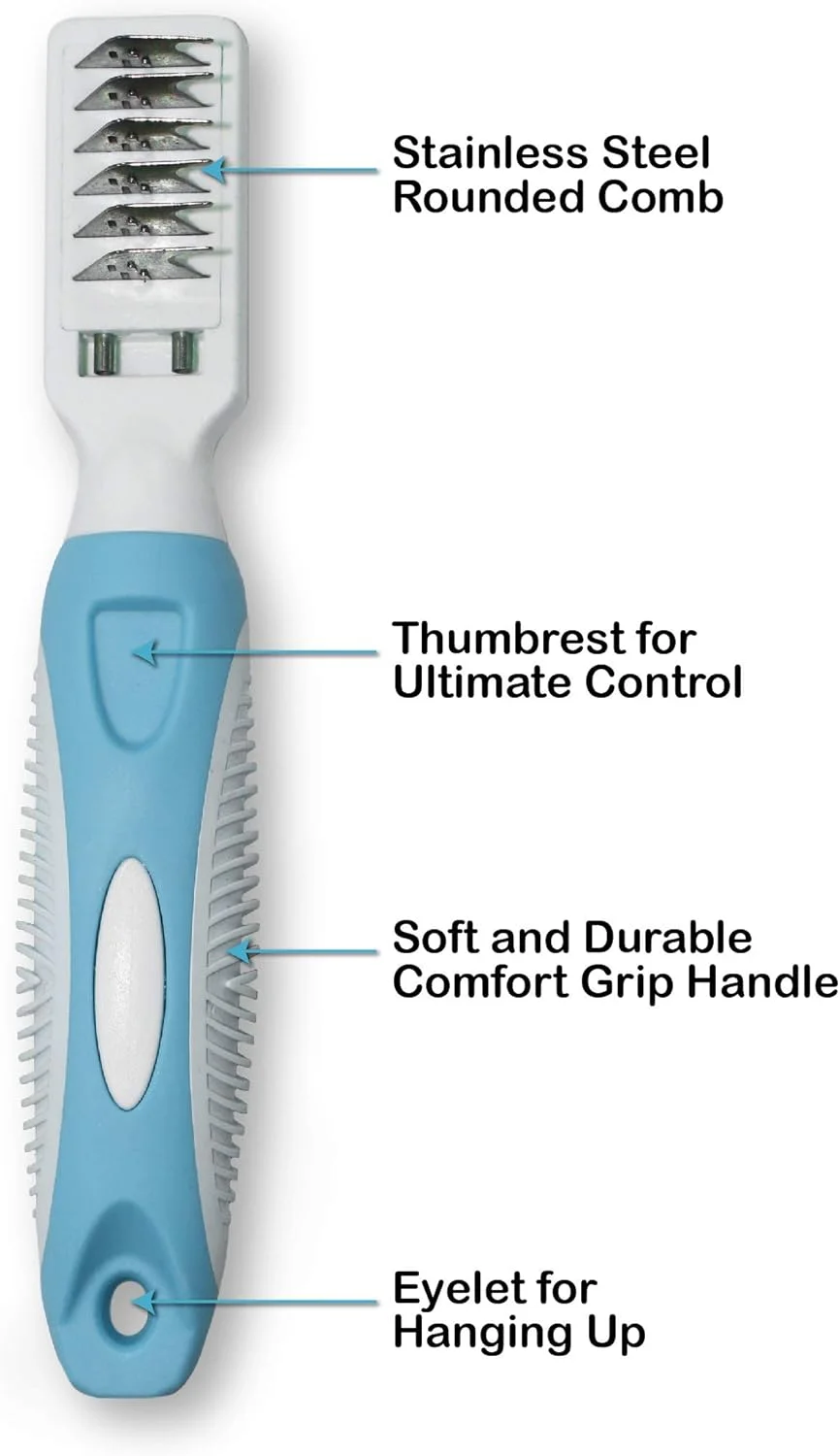 ابزار از بین بردن گره موی حیوانات خانگی پتس فرست - ابزار رفع گره برای آراستن گربه ها و سگ ها - از بین برنده موهای گره خورده، درهم، گره ها، موهای شل و کثیفی - فولاد ضد زنگ، دندانه های ملایم، دسته با روکش نرم و راحت، آبی
