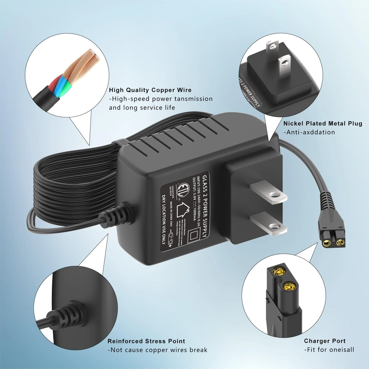 شارژر جایگزین Pinkind سازگار با ماشین اصلاح oneisall و SUPRENT، کابل شارژر مخصوص حیوانات خانگی، 2 متر، مشکی، دارای گواهی CE