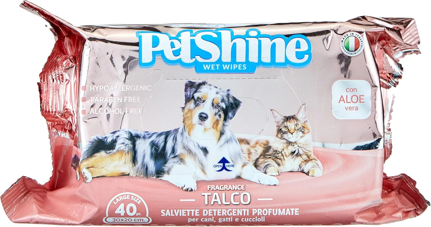 دستمال مرطوب سگ و گربه پت شاین 40 عددی 30x20 سانتی متر (تالک)