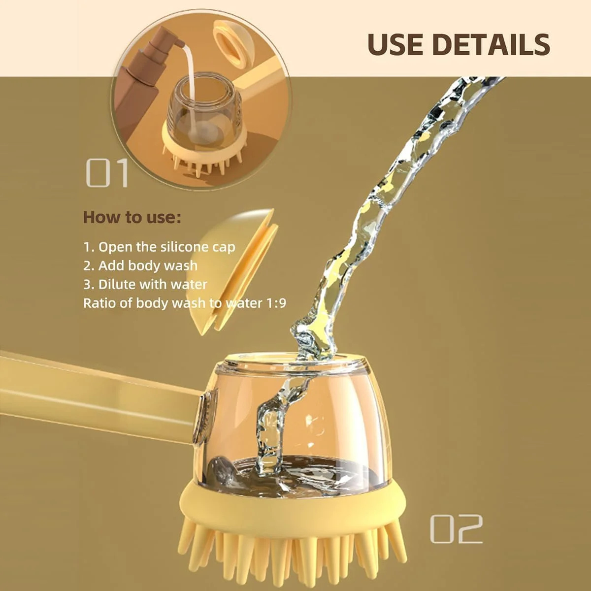 برس حمام سگ 2 در 1 PINKE - برس نظافت سیلیکونی نرم با دسته و پخش کننده شامپو برای تمیز کردن عمیق و ماساژ سگ ها و گربه ها، ملایم بر روی پوست حیوانات خانگی (زرد)