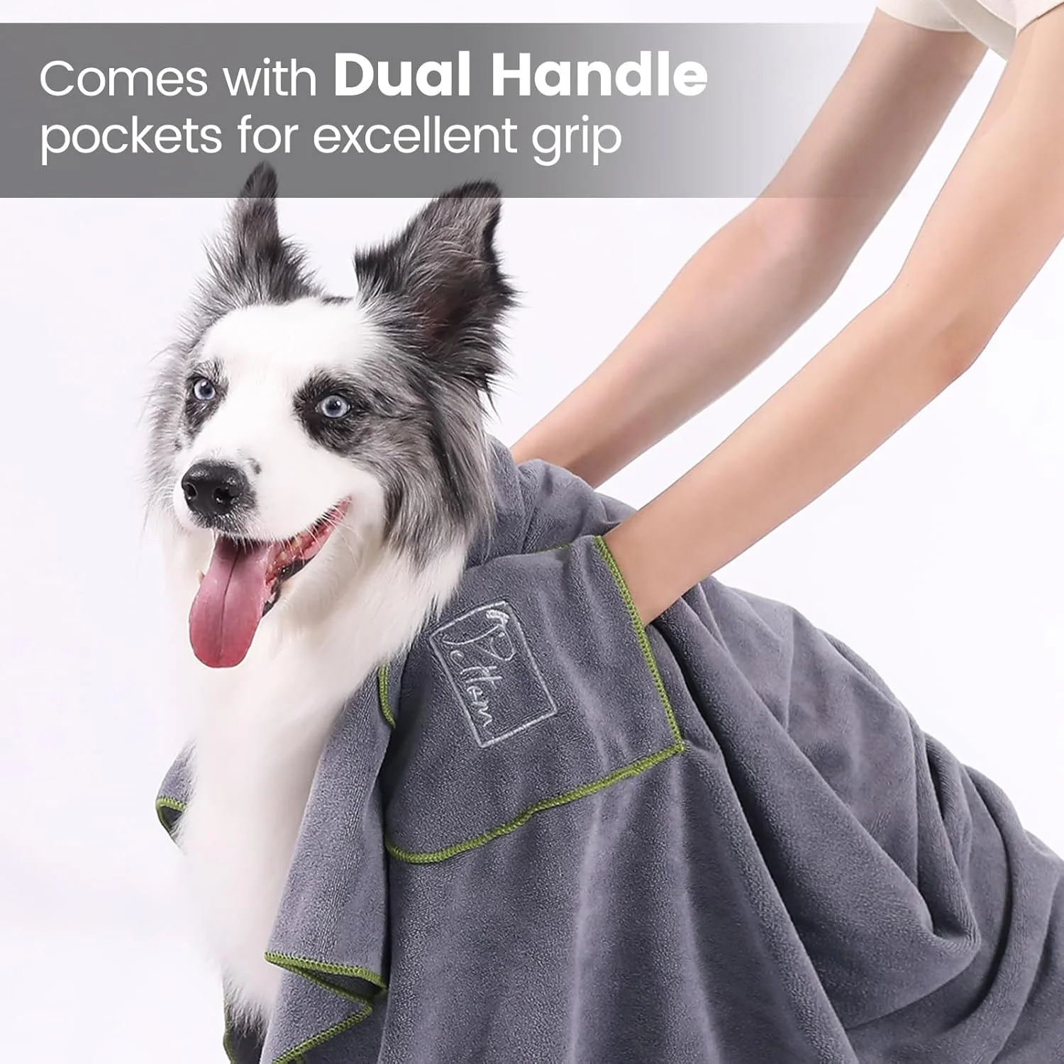 حوله خشک کن سگ پتوم 90x50 سانتی متر، بسته 2 عددی حوله خشک کن سریع سگ با جیب های دستی، حوله های میکروفایبر فوق العاده جاذب حیوانات خانگی برای سگ ها، توله سگ ها، گربه ها، حوله حمام حیوانات خانگی قابل شستشو در ماشین لباسشویی، خاکستری و سبز