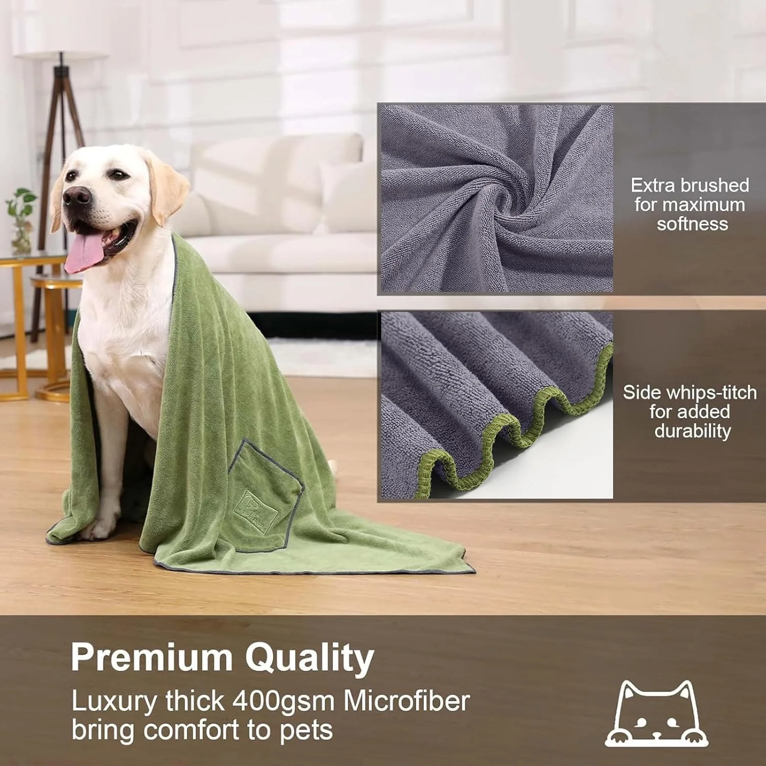 حوله خشک کن سگ پتوم 90x50 سانتی متر، بسته 2 عددی حوله خشک کن سریع سگ با جیب های دستی، حوله های میکروفایبر فوق العاده جاذب حیوانات خانگی برای سگ ها، توله سگ ها، گربه ها، حوله حمام حیوانات خانگی قابل شستشو در ماشین لباسشویی، خاکستری و سبز