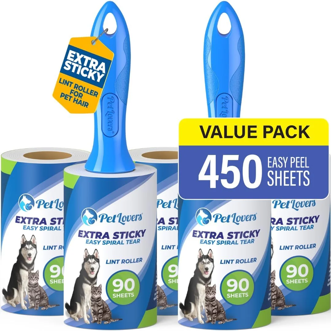 مجموعه غلتک پرزگیر فوق العاده چسبناک پت لاورز، 450 برگه برای از بین بردن موی حیوانات خانگی، پرزگیر سگ و گربه