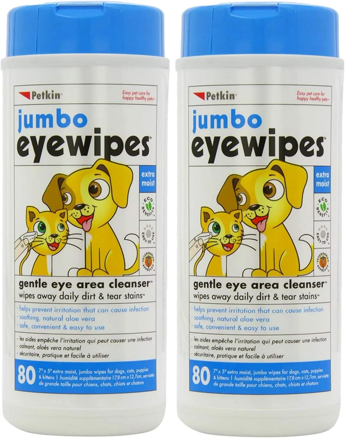 دستمال مرطوب چشم حیوانات خانگی پتکین جامبو، 80 عدد، بسته 2 عددی - فرمول طبیعی به آرامی آلودگی، ترشحات و لکه های اشک را پاک می کند - دستمال مرطوب ایمن، راحت و آسان برای استفاده سگ، گربه، توله سگ و بچه گربه