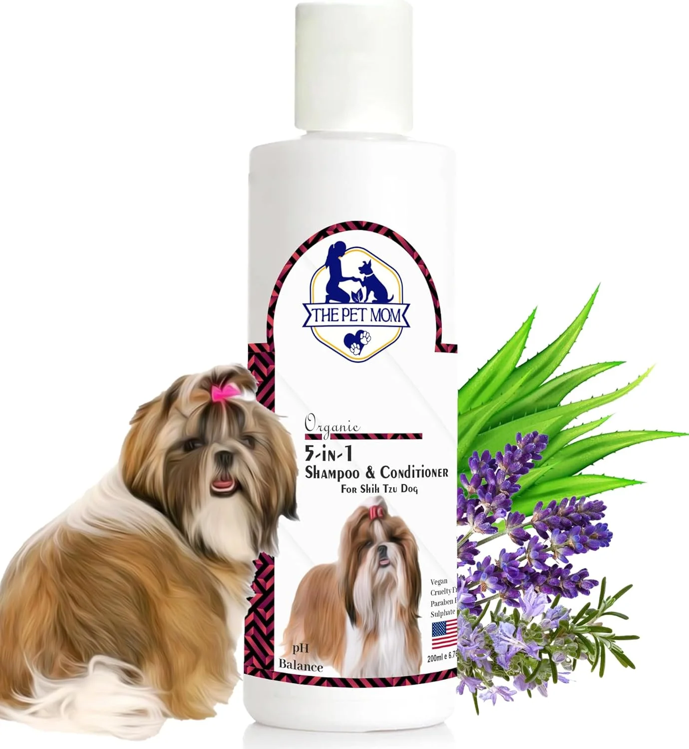 شامپو و نرم کننده ارگانیک 5 در 1 THE PET MOM برای سگ و توله سگ نژاد شیتزو | پاک کننده عمیق، طراوت بخش، نرم کننده، ضد خارش، ضد قارچ، رفع بوی بد | مناسب برای تمامی نژادهای سگ 200 میلی لیتر