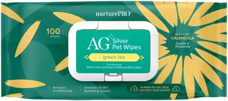 دستمال مرطوب حیوانات خانگی نقره ای Nurture Pro AG+ با رایحه چای سبز، مناسب برای سگ و گربه، 100 عدد