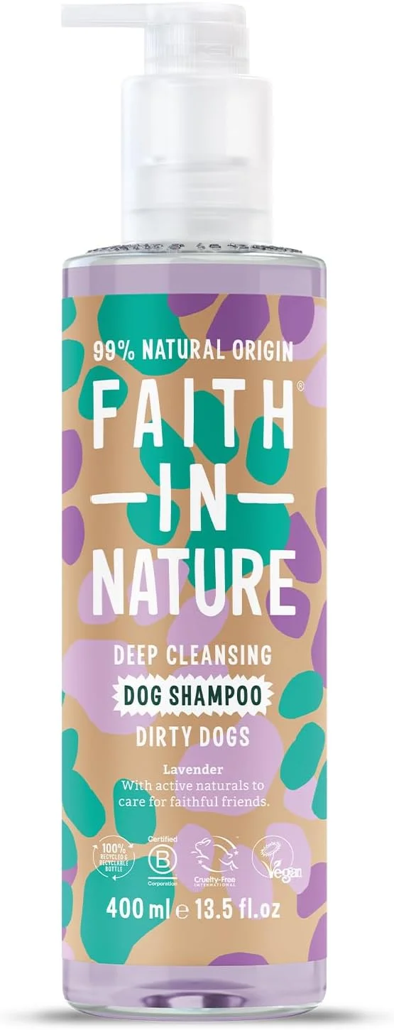شامپو سگ طبیعی اسطوخودوس Faith In Nature، وگان و بدون تست حیوانی، بدون SLS، پاک کننده عمیق، برای سگ های کثیف، 400 میلی لیتر