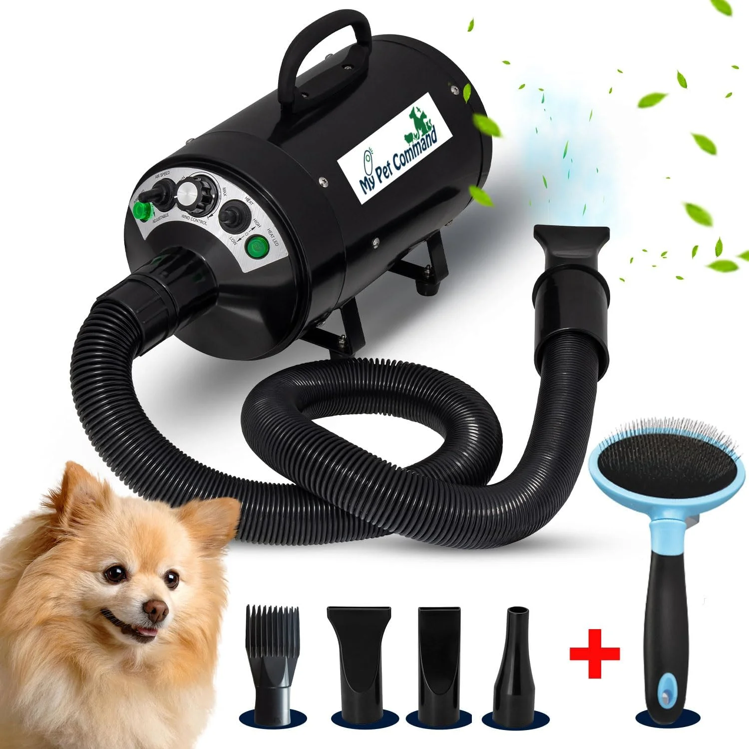 خشک کن مو سگ 220 ولت My Pet Command، دمنده پرسرعت حرفه ای 500W-2800W 4HP، جریان هوای گرم و سرد قابل تنظیم، خشک کننده و برس نظافت سگ
