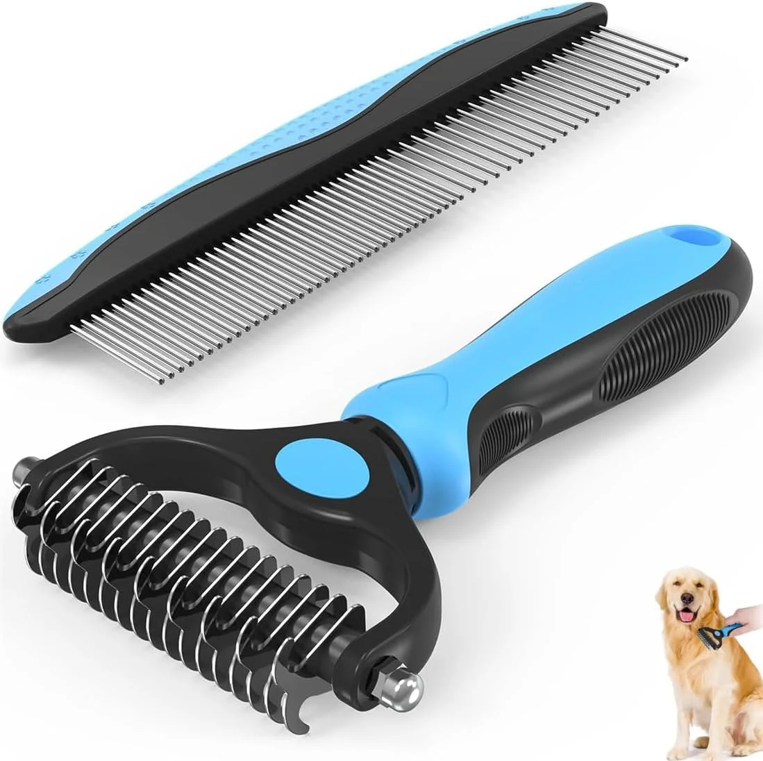 KWSLIN بسته 2 عددی شانه فلزی و برس نظافت برای سگ و گربه، شانه گره باز کن و مو جمع کن حیوانات خانگی، ابزار از بین بردن گره و ریزش مو برای حیوانات خانگی مو بلند، آبی