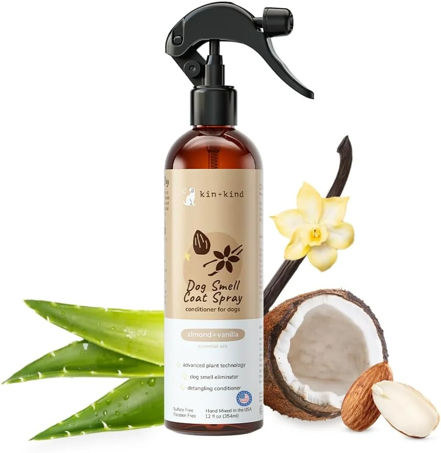 اسپری خوشبو کننده سگ kin+kind - از بین برنده بوی حیوانات خانگی ایمن، طبیعی و آسان برای استفاده - فرمول اسپری باز کننده گره ممتاز سگ ساخته شده با آلوئه ورا - خوشبو کننده سگ برای سگ های بدبو ساخت آمریکا (355 میلی لیتر)