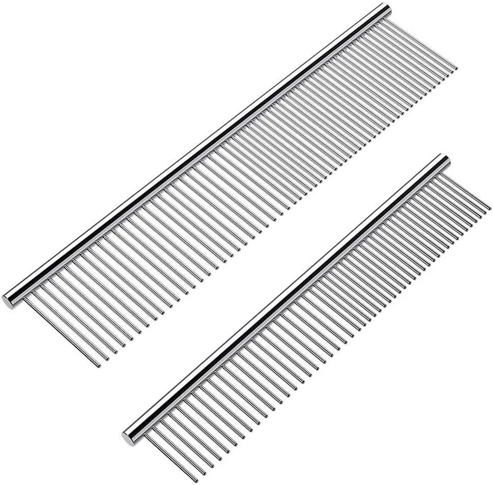 KASTWAVE Dog combs and cat combs, stainless steel teeth, cat combs for removing tangles and frosted leather, professional grooming tools, suitable for long-haired and short-haired pets (2 pieces)