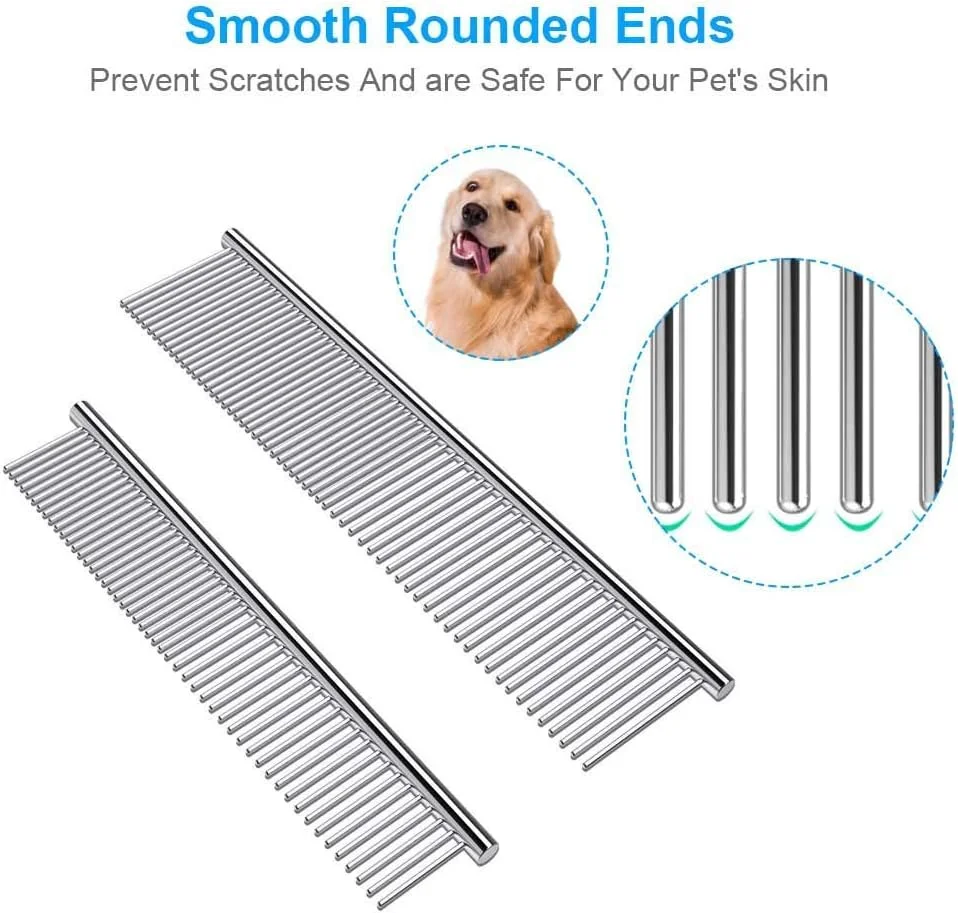 KASTWAVE Dog combs and cat combs, stainless steel teeth, cat combs for removing tangles and frosted leather, professional grooming tools, suitable for long-haired and short-haired pets (2 pieces)