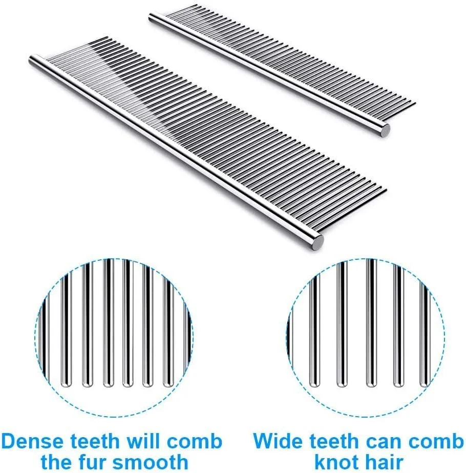 KASTWAVE Dog combs and cat combs, stainless steel teeth, cat combs for removing tangles and frosted leather, professional grooming tools, suitable for long-haired and short-haired pets (2 pieces)