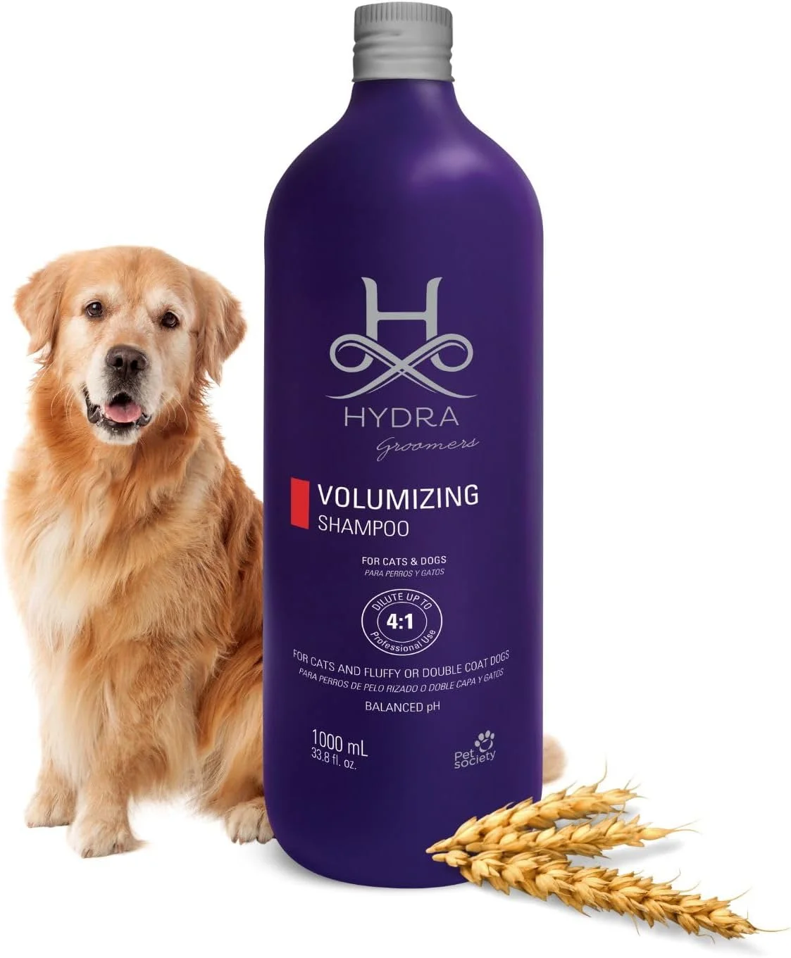 شامپو حجم دهنده Hydra Groomer's یک لیتری برای گربه ها و سگ ها، فرمولاسیون آبکشی آسان و خشک شدن سریع، حاوی کراتین و پروتئین گندم، رایحه دار، متعادل کننده pH.