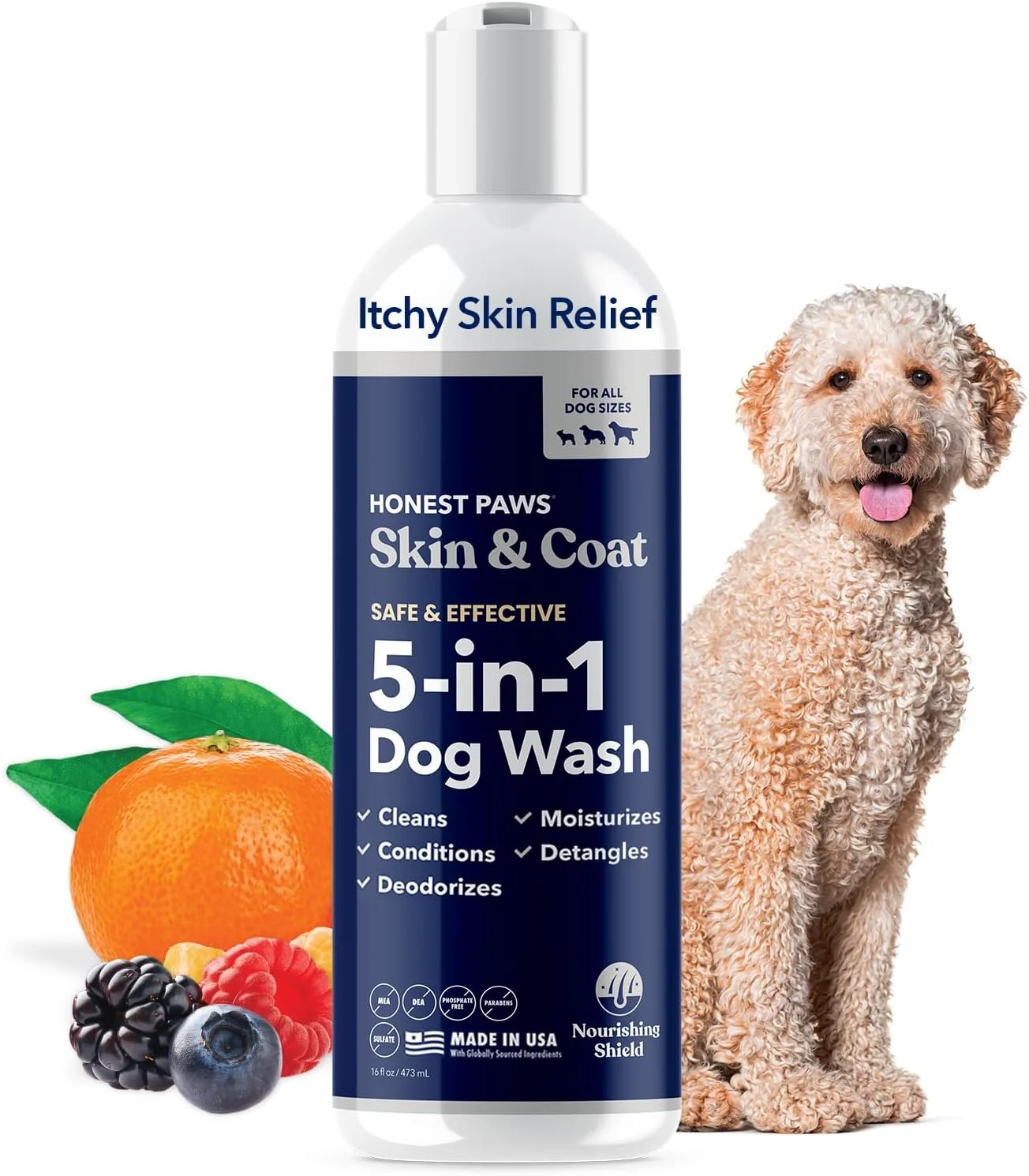 شامپو و نرم کننده سگ Honest Paws - 5 در 1 برای آلرژی، پوست خشک و خارش دار، مرطوب کننده برای پوست حساس - بدون سولفات، گیاهی، کاملا طبیعی - 473 میلی لیتر
