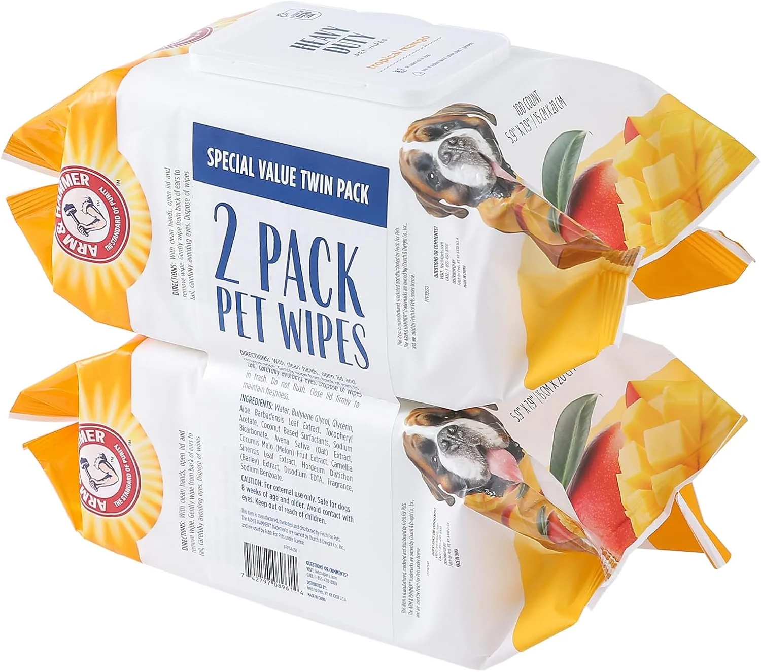 دستمال مرطوب چند منظوره و قوی آرم اند همر مخصوص سگ ها | دستمال مرطوب همه کاره سگ برای از بین بردن بو و طراوت پوست حیوانات خانگی | رایحه انبه میوه ای، دو بسته 100 عددی دستمال مرطوب حیوانات خانگی