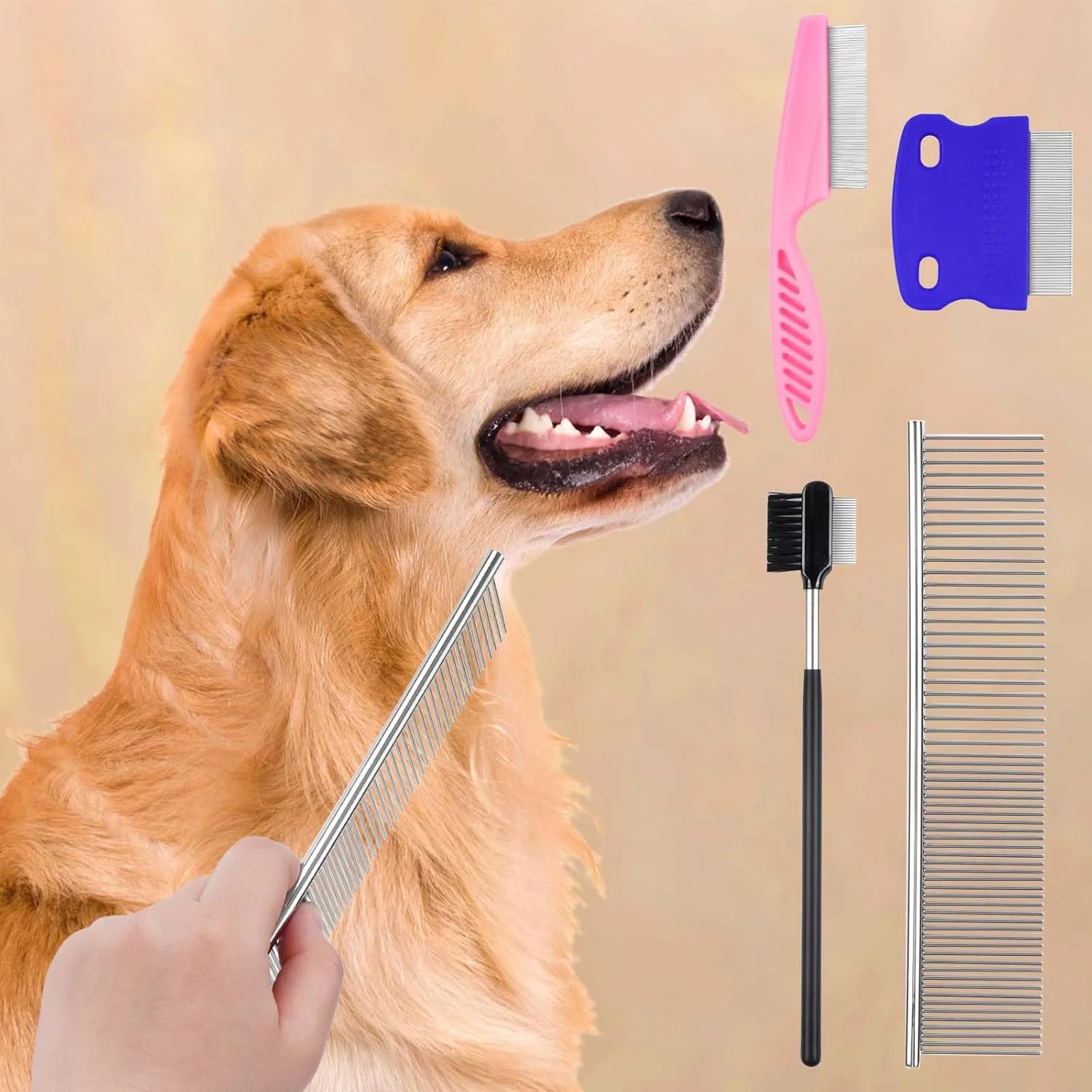 ست 4 عددی شانه حیوانات خانگی، شانه فلزی برای سگ و گربه کوچک، برس نظافت برای صاف کردن موهای اطراف چشم، از بین بردن ملایم پوسته ها، گره خوردگی و گره ها