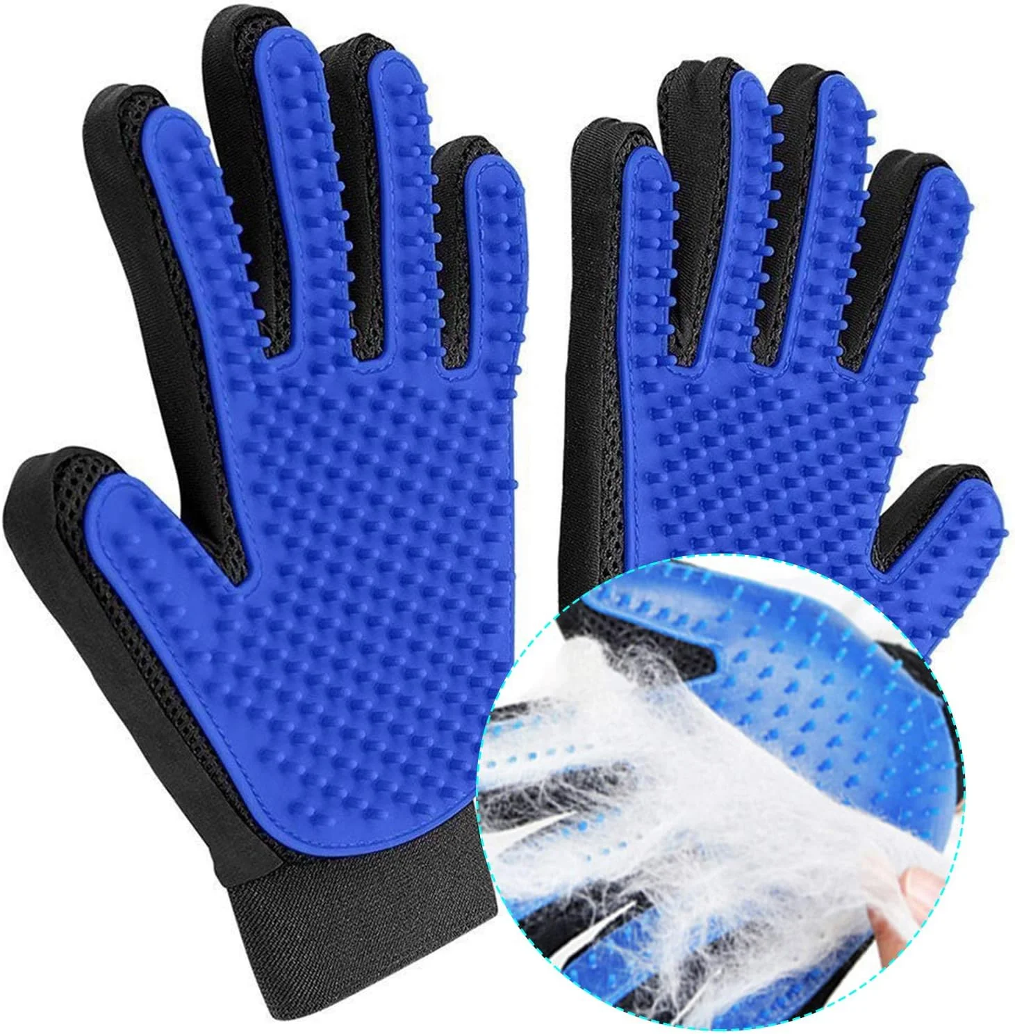 دستکش نظافت حیوانات خانگی، برس موبر ملایم، دستکش ماساژ حیوانات خانگی کارآمد برای ریزش مو، مناسب سگ، گربه، اسب، موهای بلند و کوتاه (1 جفت دست راست و چپ (آبی))