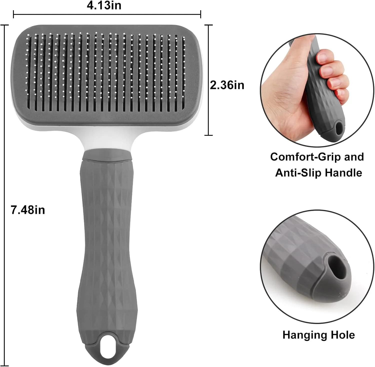 برس سگ و گربه، شانه نظافت، برس های لیسه ای خود تمیز شونده سگ و گربه با دسته صاف، ابزار نظافت حیوانات خانگی با دکمه تمیز کننده برای برس ریزش موی سگ و گربه، برس تمیز کننده گره ماساژ سگ و گربه (خاکستری)