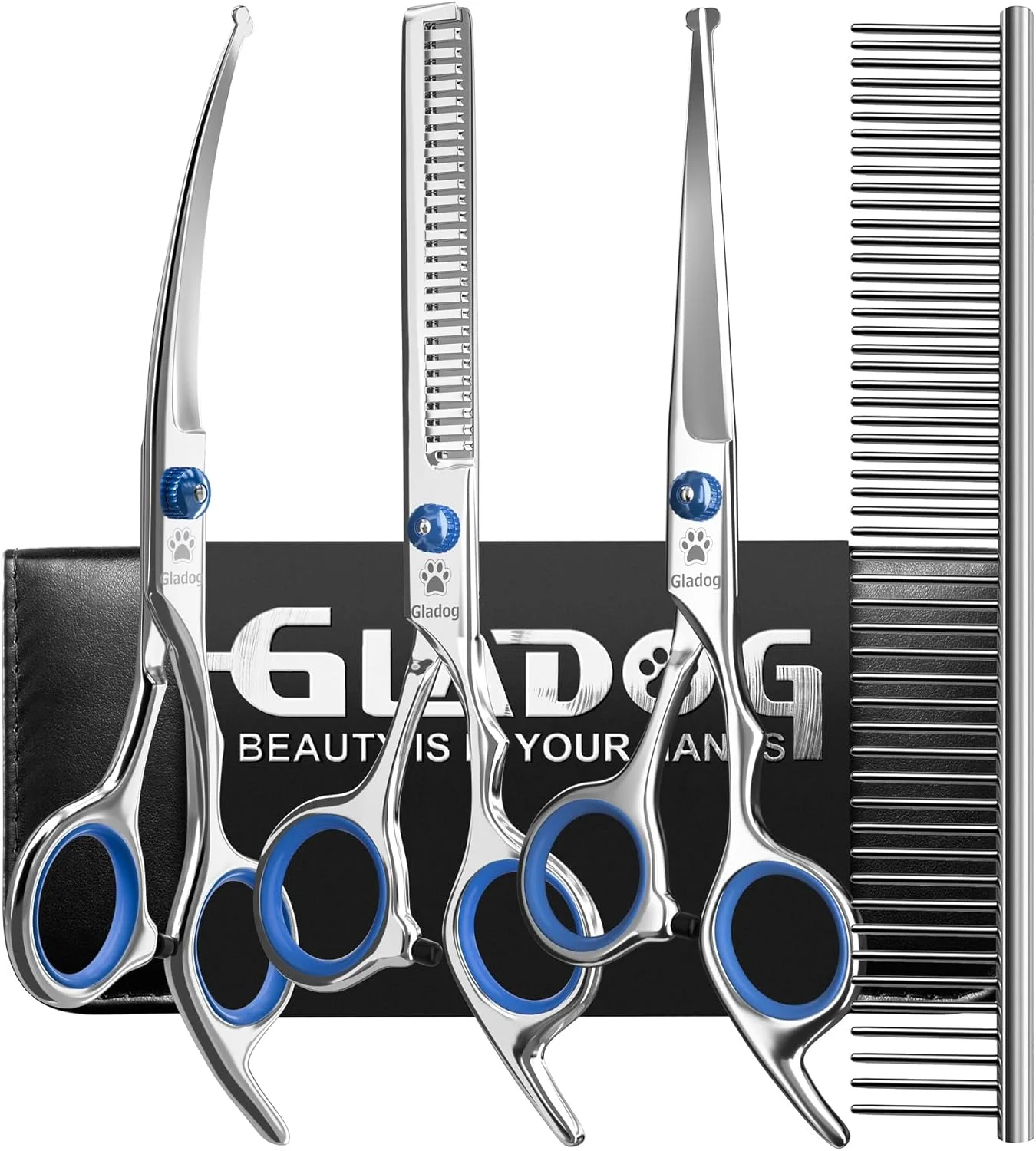 GLADOG Professional Grooming Scissors for Dogs with Safety Round Tips, 5 in 1 Dog Grooming Scissors Set, Sharp and Durable Pet Grooming Shears for Dogs and Cats
