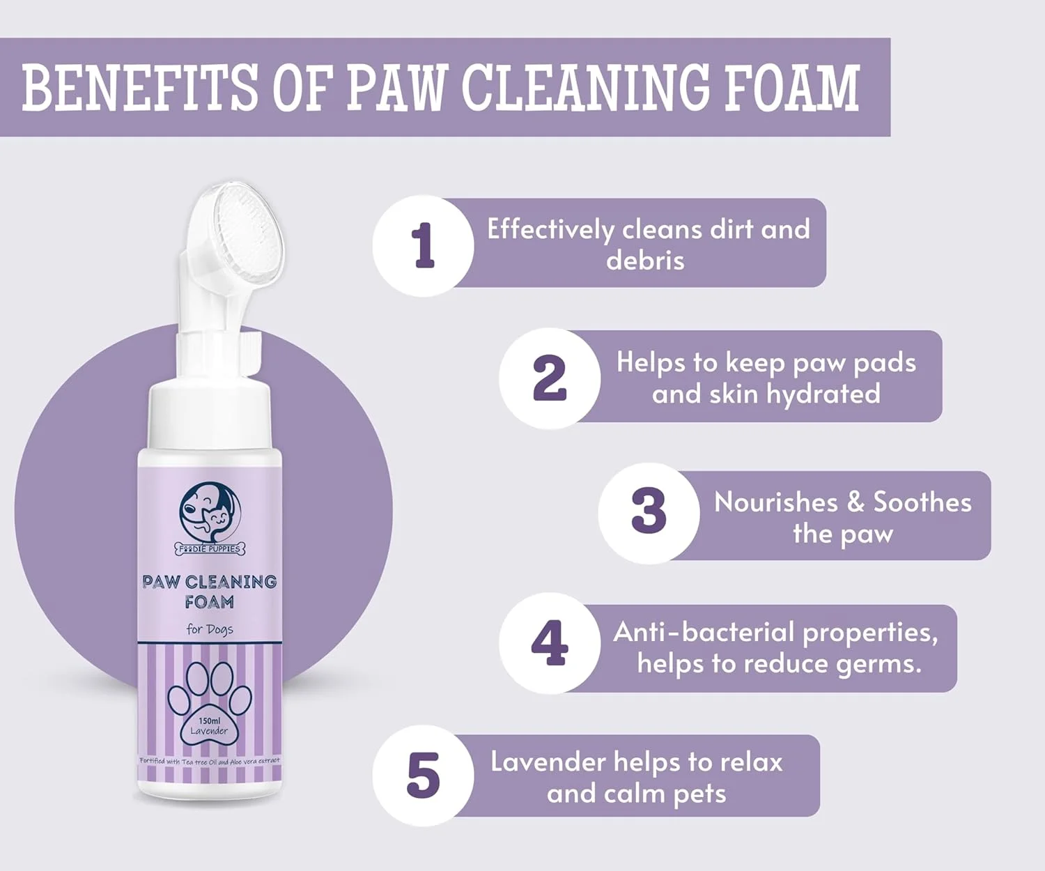 فوم تمیز کننده پنجه سگ Foodie Puppies با برس سیلیکونی - (اسطوخودوس، 150 میلی لیتر) | تمیز کننده پنجه اسطوخودوس برای برس تمیز کننده اسکرابر پای سگ | غنی شده با روغن درخت چای و عصاره آلوئه ورا