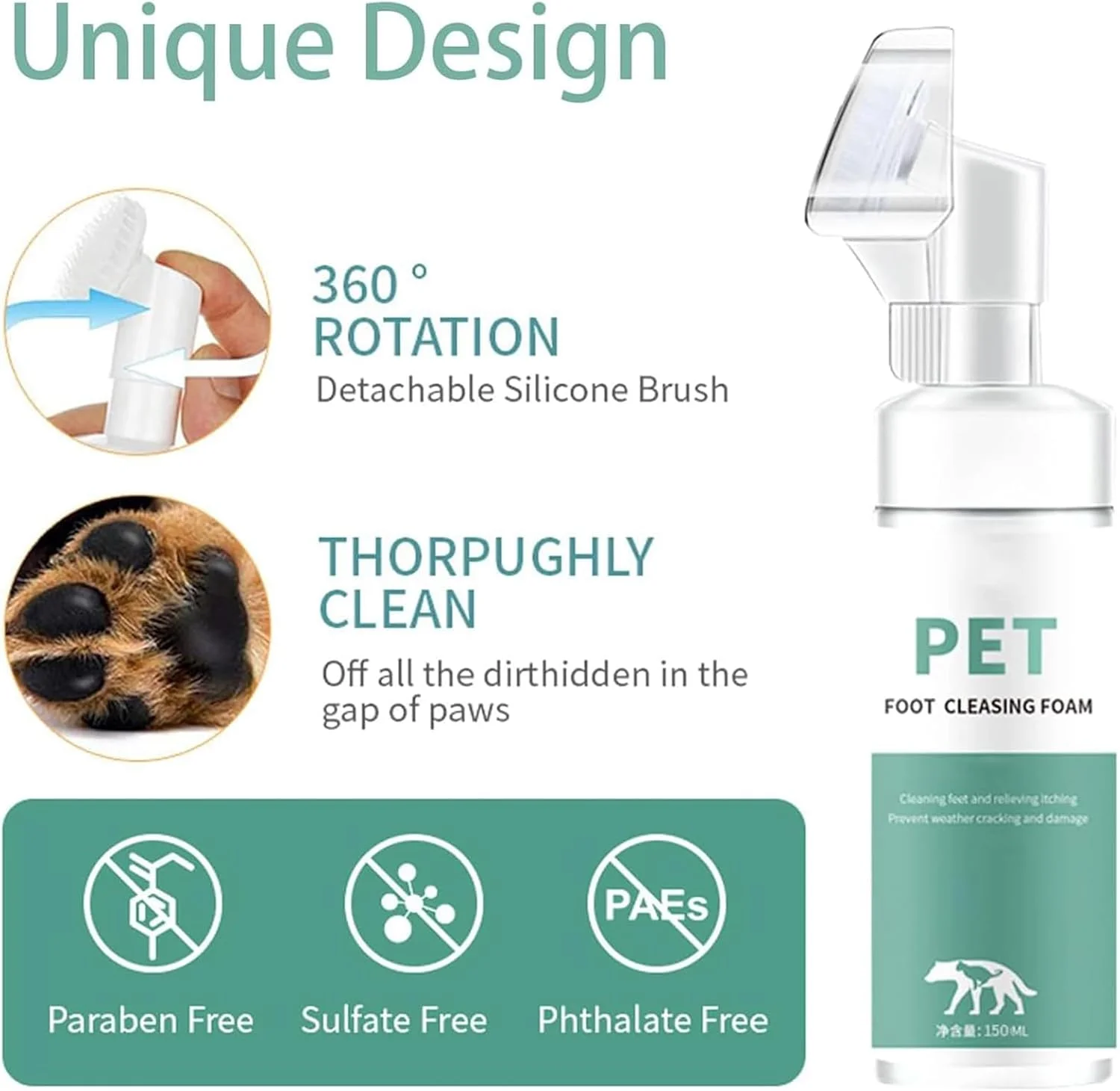 فوم پاک کننده پنجه سگ و گربه، فوم شستشوی پنجه سگ بدون نیاز به آبکشی با برس مویی سیلیکونی قابل جابجایی
