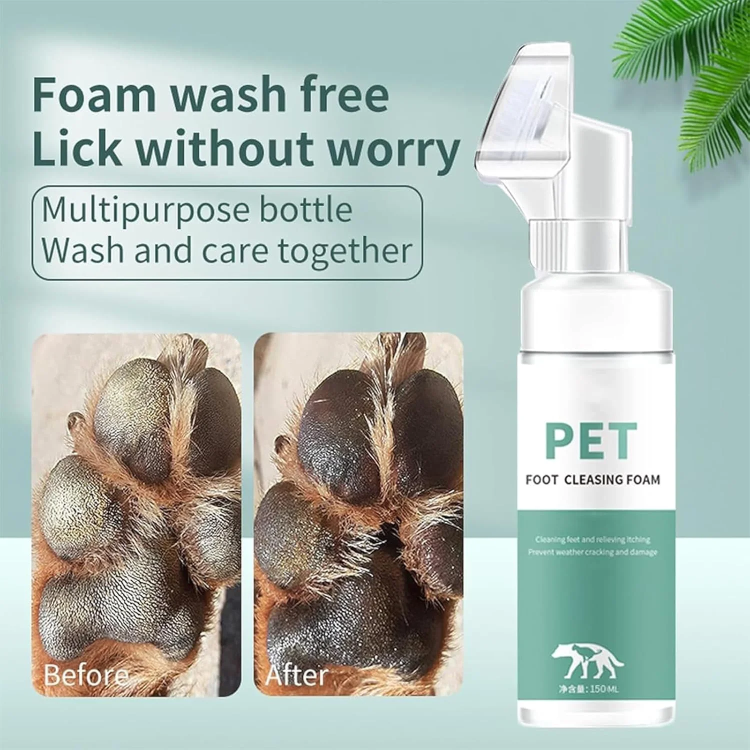 فوم پاک کننده پنجه سگ و گربه، فوم شستشوی پنجه سگ بدون نیاز به آبکشی با برس مویی سیلیکونی قابل جابجایی