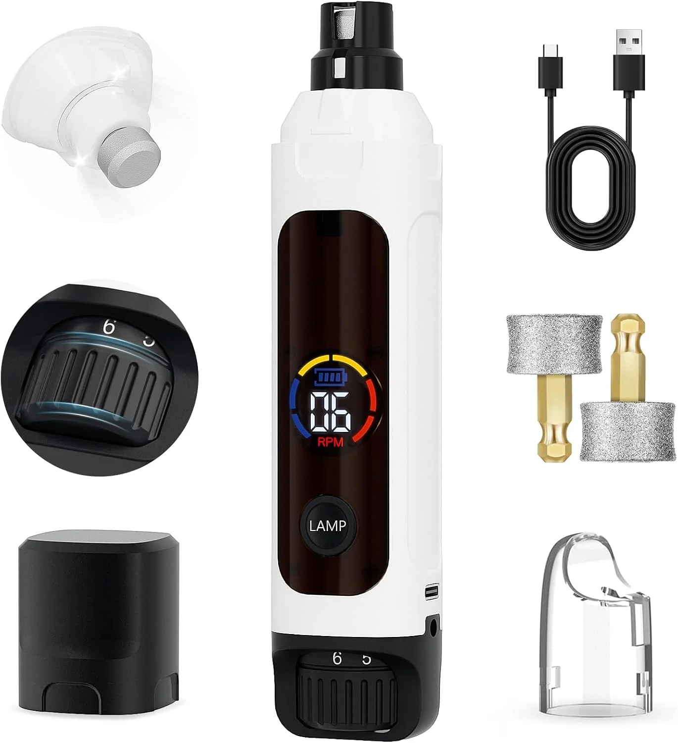 سوهان برقی ناخن سگ، سوهان ناخن حیوانات خانگی قابل حمل 6 سرعته 12000 دور در دقیقه با 2 چراغ LED و باتری بزرگ، دستگاه سوهان ناخن سگ قابل شارژ برای گربه ها، سگ های کوچک، متوسط و بزرگ، ابزار نظافت