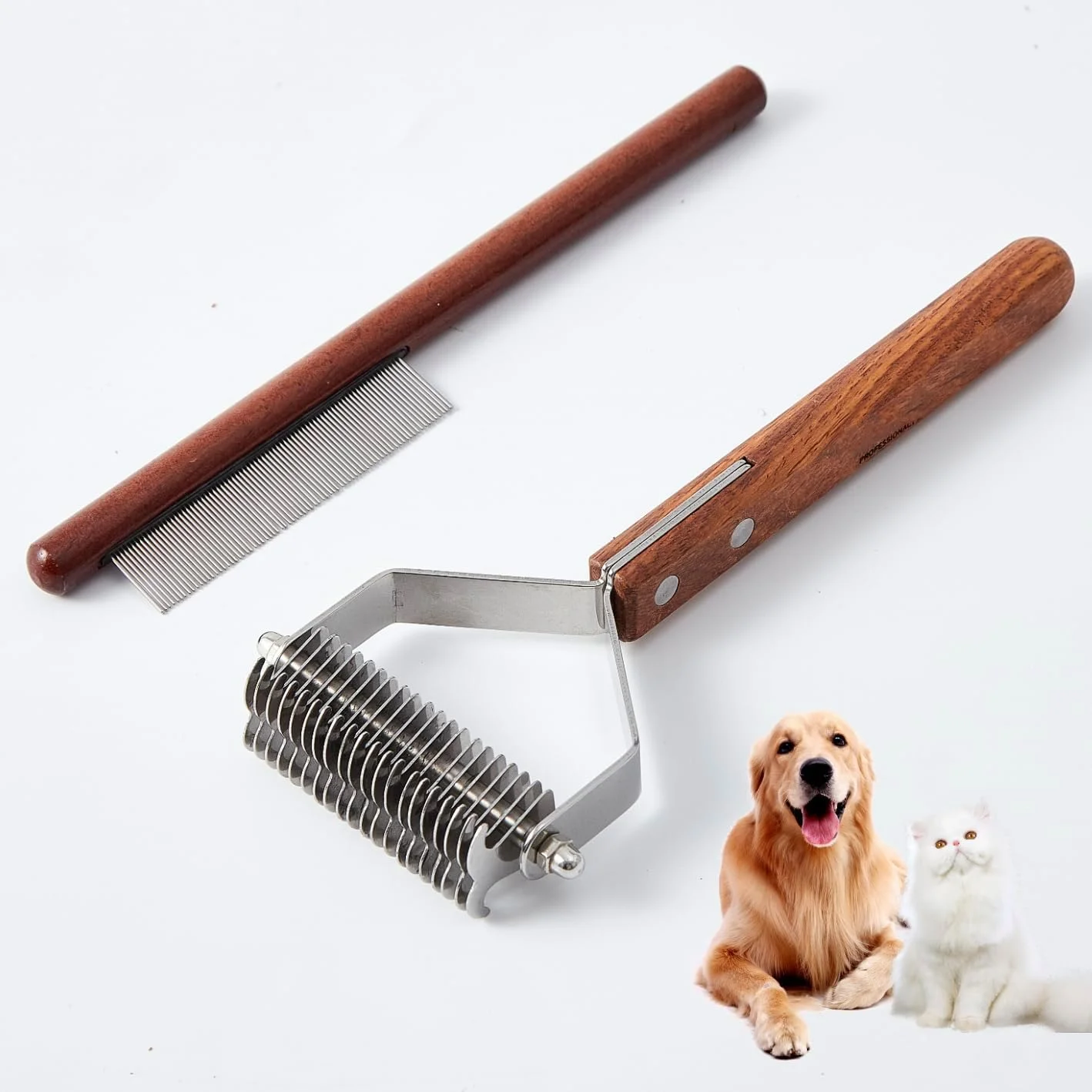 شنه گره باز کن حیوانات خانگی ELECDON با شانه دو طرفه حرفه ای برای سگ و گربه، 20 تیغه، شانه موهای زیرین و کیت شانه صورت با دسته چوبی