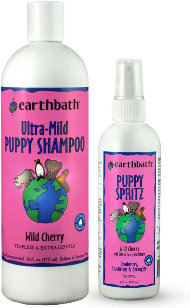 مجموعه نظافت توله سگ Earthbath - بدون اشک و بسیار ملایم، ساخت آمریکا - گیلاس وحشی (از هر کدام 1 عدد)، شامپو 473 میلی لیتری و اسپری 236 میلی لیتری