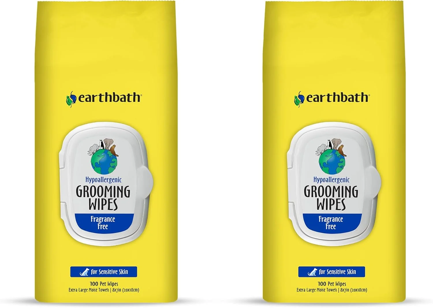 دستمال مرطوب نظافت سگ و گربه Earthbath، ضد حساسیت، بدون عطر، حاوی آلوئه ورا و ویتامین E، مناسب پوست های حساس - تمیز کننده آسان پنجه ها و لایه زیرین مو - 100 عدد، بسته 2 عددی