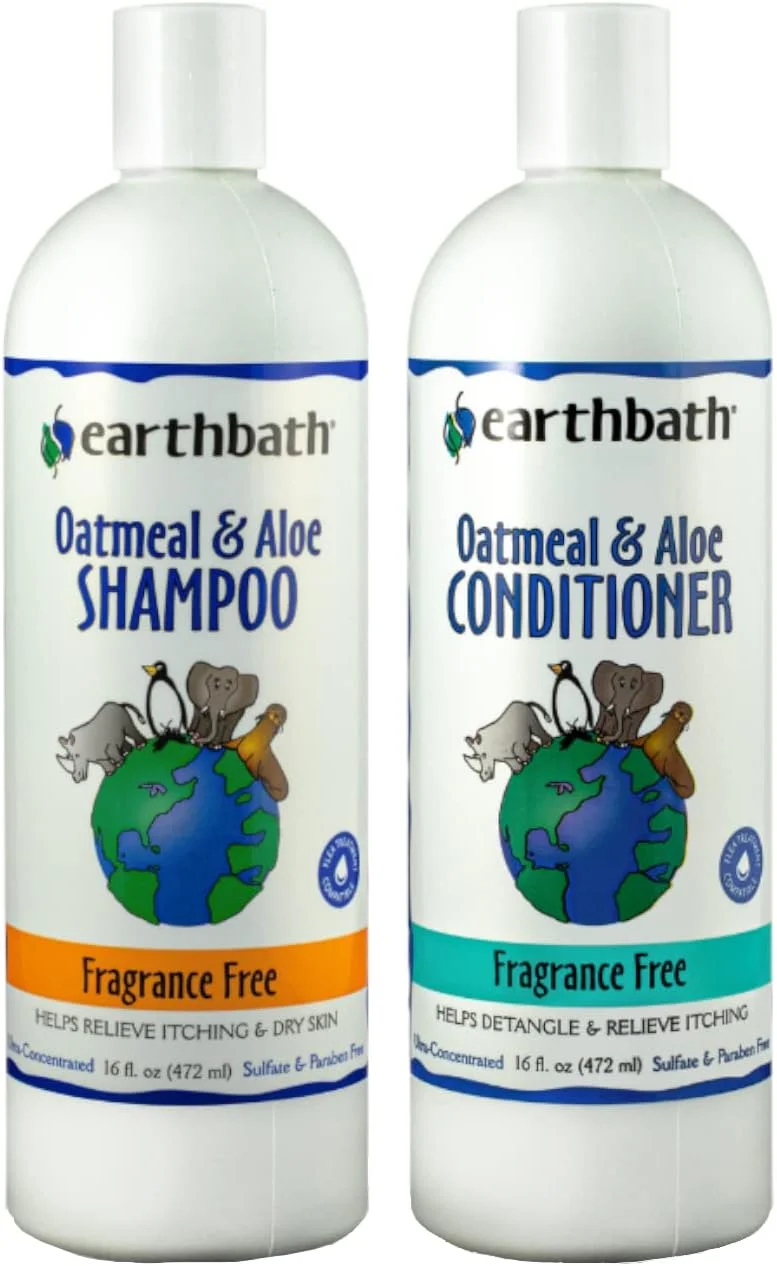 مجموعه مراقبت از حیوانات خانگی Earthbath حاوی شامپو و نرم کننده جو دوسر و آلوئه ورا - کاملا طبیعی و بدون عطر - تسکین دهنده خارش و خشکی پوست، کمک به باز کردن گره مو، حاوی آلوئه ورا و ویتامین E، مناسب برای سگ ها و گربه ها - ۴۷۳ میلی لیتر