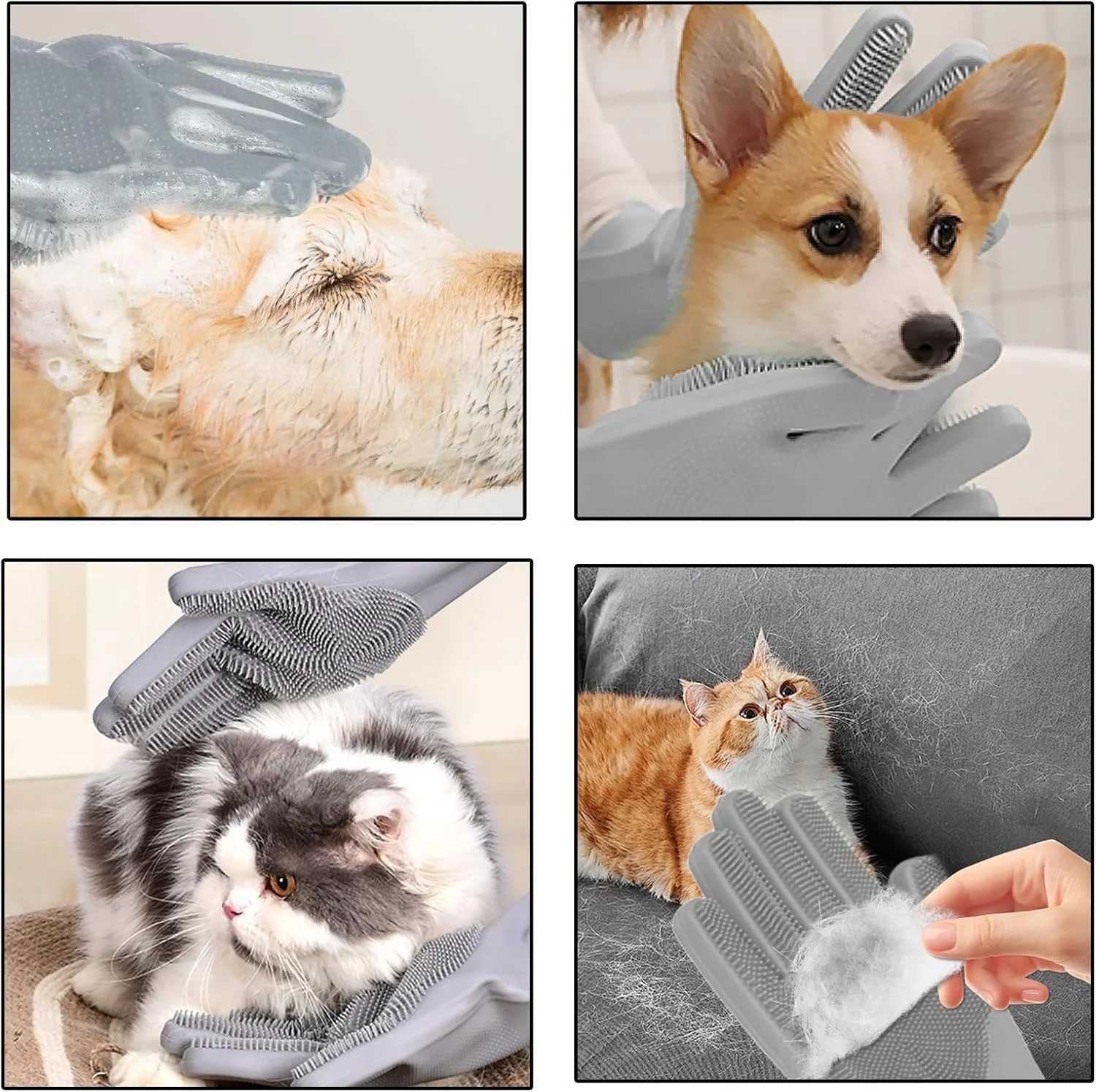 دستکش های نظافت ملایم حیوانات خانگی Duomama - دستکش ماساژ پنج انگشتی برای حمام و ریزش موی حیوانات خانگی - برس شامپو کارآمد برای سگ، گربه، خرگوش - راحت و موثر، خاکستری