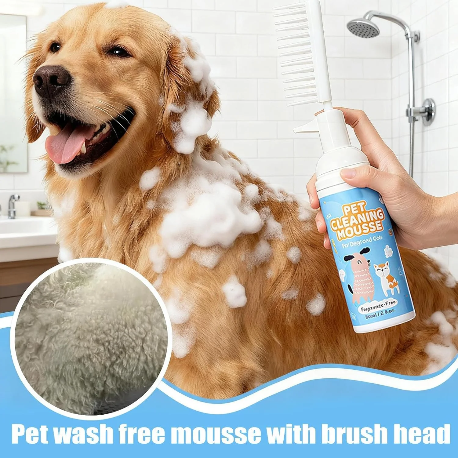 شامپو سگ | 60 میلی لیتر بدون نیاز به شستشو با برس - موس پاک کننده موی حیوانات خانگی شامپو خشک، برای نژادهای کوچک متوسط بزرگ حمام کمپینگ پناهگاه مسافرت خانه