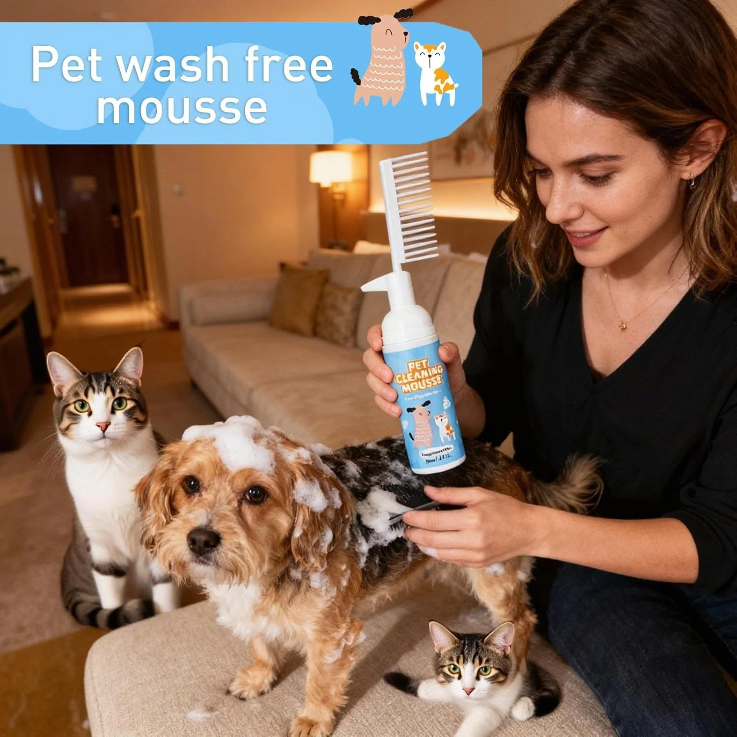 شامپو سگ | 60 میلی لیتر بدون نیاز به شستشو با برس - موس پاک کننده موی حیوانات خانگی شامپو خشک، برای نژادهای کوچک متوسط بزرگ حمام کمپینگ پناهگاه مسافرت خانه