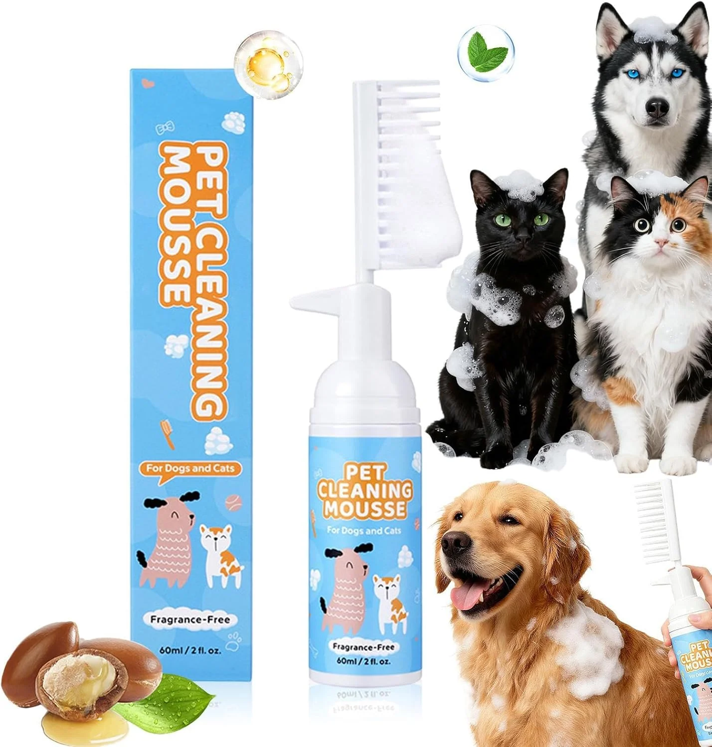 شامپو برای گربه - حمام مغذی برای از بین بردن آلودگی، شامپو خشک فوم حمام سگ | برای نژادهای کوچک، متوسط و بزرگ، حمام، کمپینگ، پناهگاه، مسافرت، خانه