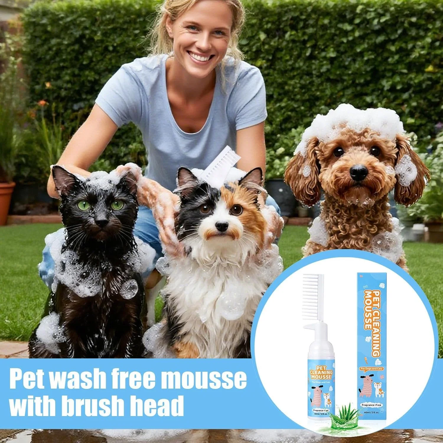 شامپو حیوانات خانگی برای سگ ها - 60 میلی لیتر مناسب پوست های حساس - شامپو خشک فوم حمام سگ | برای نژادهای کوچک، متوسط و بزرگ، حمام، کمپینگ، پناهگاه، مسافرت و خانه