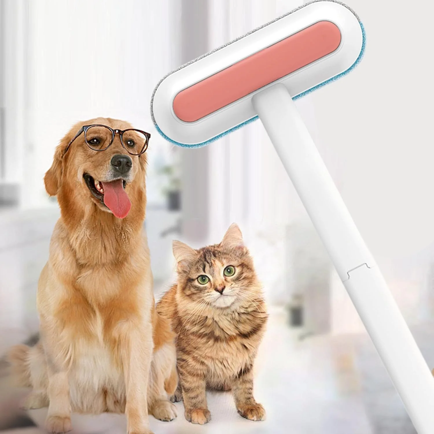 ابزار حذف موی حیوانات خانگی، جارو چند منظوره دسته بلند حذف موی حیوانات خانگی - شانه نواری فرش، پاک کننده پرز قابل استفاده مجدد برای پنجره، مبل، مبلمان، لباس، فرش، کاشی، ملحفه، اتاق خواب