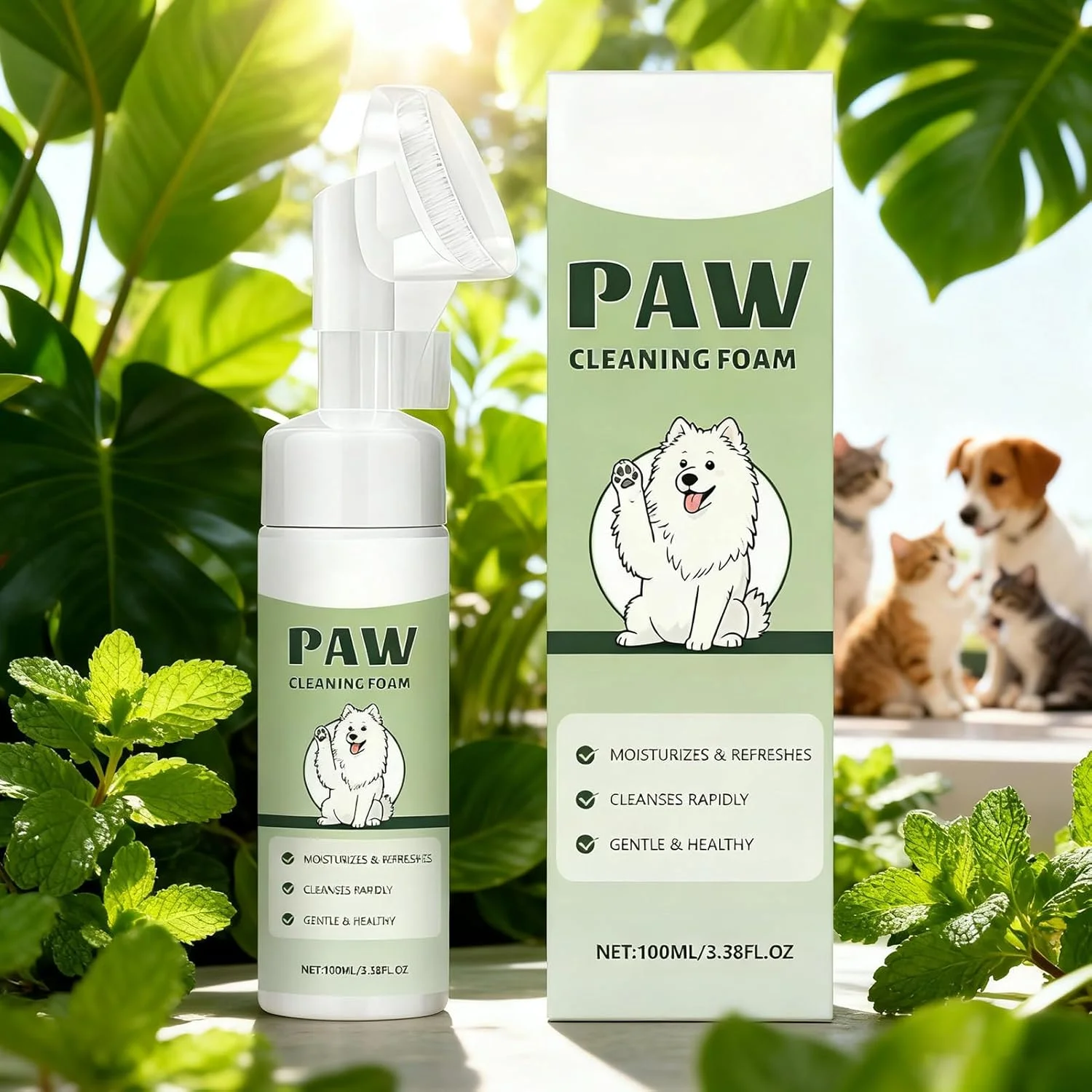 تمیز کننده پنجه سگ | لوازم حیوانات خانگی فوم طبیعی - فوم پنجه توله سگ 100 میلی لیتری با برس | برای پیاده روی، حمام، مسافرت، فضای باز توله سگ، بچه گربه، نژاد کوچک، متوسط و بزرگ