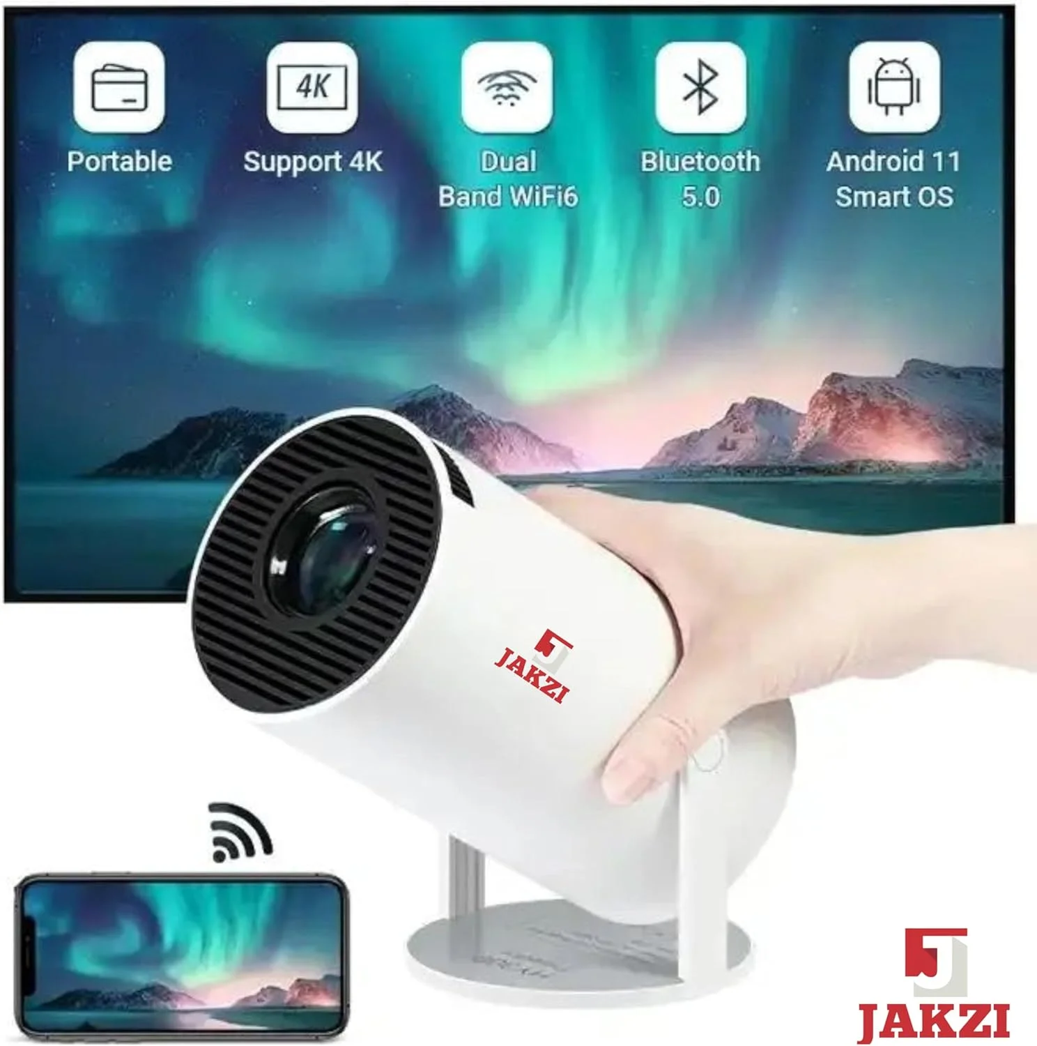 پروژکتور قابل حمل مینی LED JAKZI، HY300 با تصحیح خودکار کیستون، پروژکتور هوشمند 4K/ 200 ANSI با WiFi 2.4/5G، BT 5.0، صفحه نمایش 130 اینچی، چرخش 180 درجه، طراحی گرد، مناسب برای ویدیوهای خانگی و فضای باز