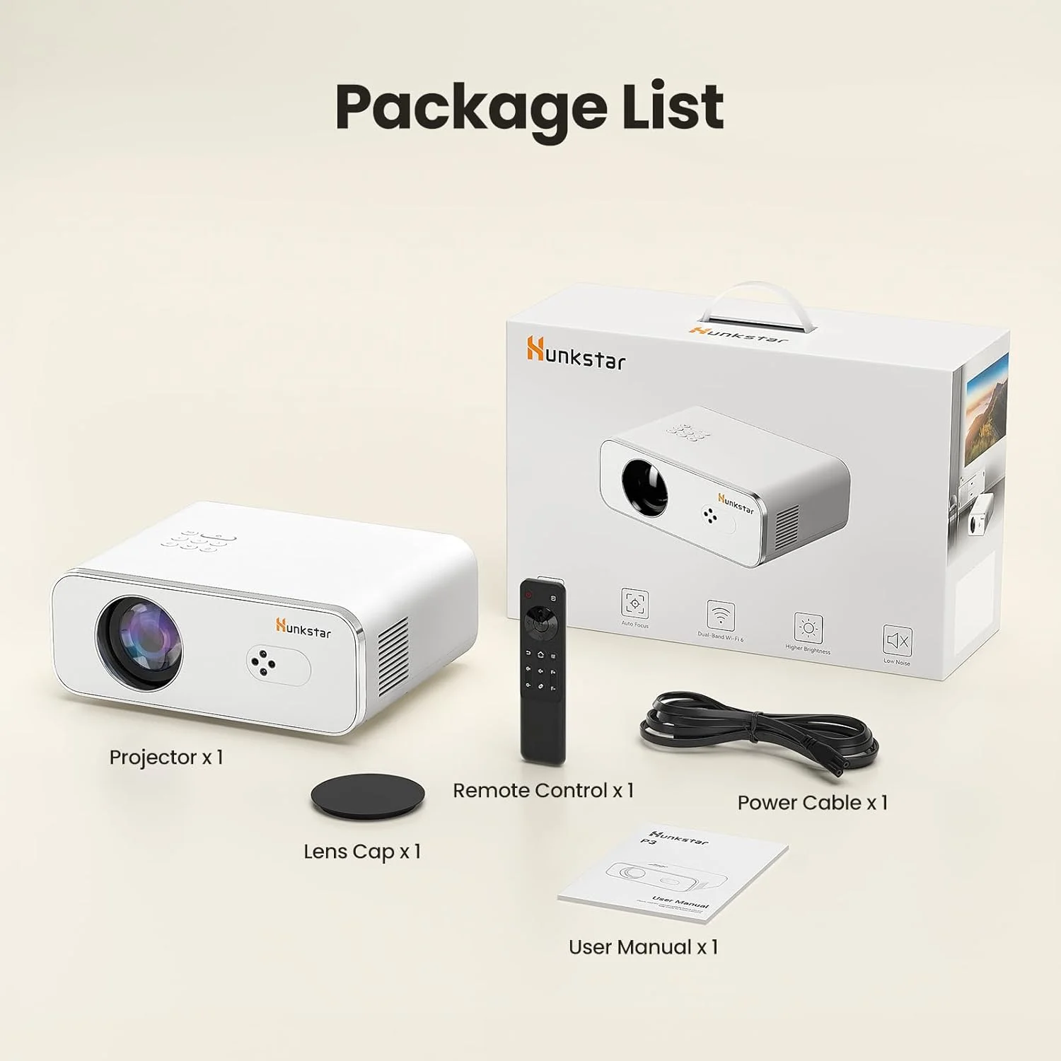 پروژکتور مینی HUNKSTAR، پروژکتور با پشتیبانی از 4K با Wifi 6 و بلوتوث 5.2، پروژکتور ویدئویی خانگی قابل حمل HD1080P با 1000 انسی لومن و فوکوس خودکار، مناسب برای دورهمی های خانوادگی، جشنواره های مختلف (سفید)