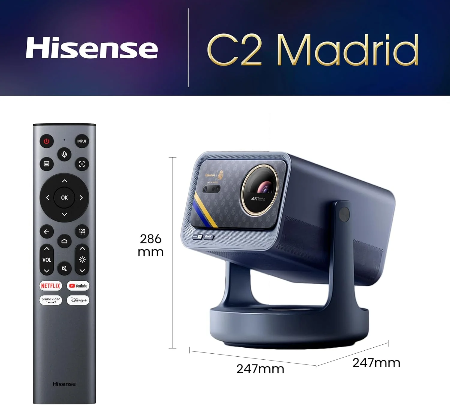 پروژکتور لیزری مینی قابل حمل هایسنس C2 Ultra Real Madrid Edition 4K UHD Triple Color RGB، 65 تا 300 اینچ، 3000 انسی لومن، 110% BT.2020 طیف رنگی گسترده، Dolby Vision، صدا از JBL، نتفلیکس، WIFI 6E پروژکتور لیزری مینی قابل حمل هایسنس C2 Ultra Real Madrid Edition 4K UHD Triple Color RGB، 65 تا 300 اینچ، 3000 انسی لومن، 110% BT.2020 طیف رنگی گسترده، Dolby Vision، صدا از JBL، نتفلیکس، WIFI 6E