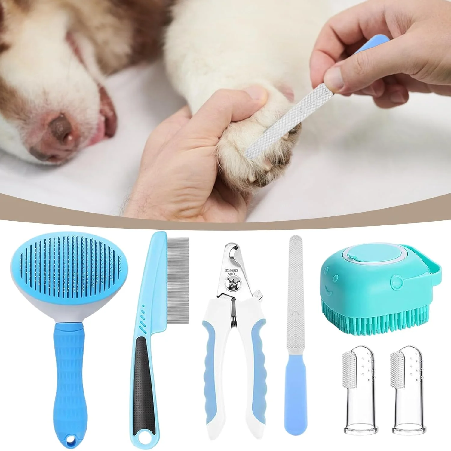 لوازم نظافت گربه، ابزار نظافت بچه گربه، برس موی گربه به همراه مسواک انگشتی - برای تمیز کردن، حمام و شستشوی حیوانات خانگی، خرگوش، بچه گربه و سگ