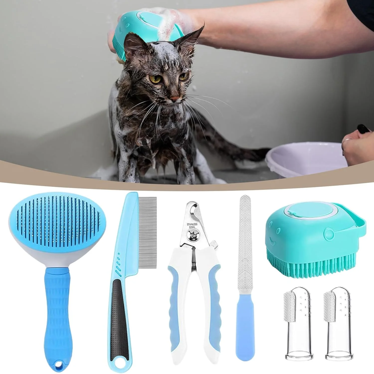 لوازم نظافت گربه | شانه حرفه ای بچه گربه | برس سگ با ناخن گیر و سوهان - برای تمیز کردن، حمام کردن و شستشوی حیوانات خانگی، خرگوش، بچه گربه و سگ