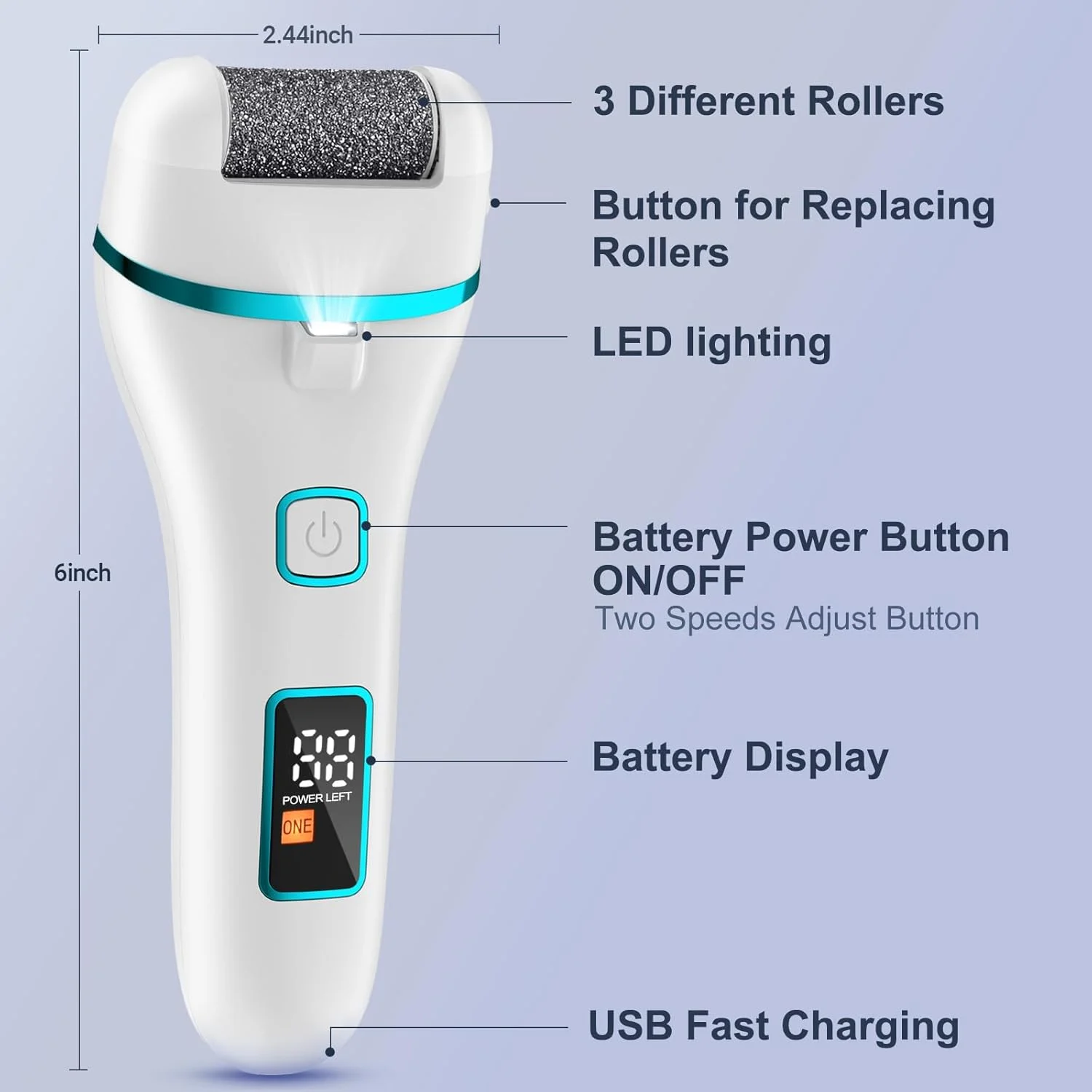 سوهان برقی پدیکور پا Wolady، سوهان برقی پا برای از بین بردن پینه، 2 سرعت، 3 غلتک تعویضی با کریستال، سوهان برقی حرفه ای قابل شارژ (سفید)