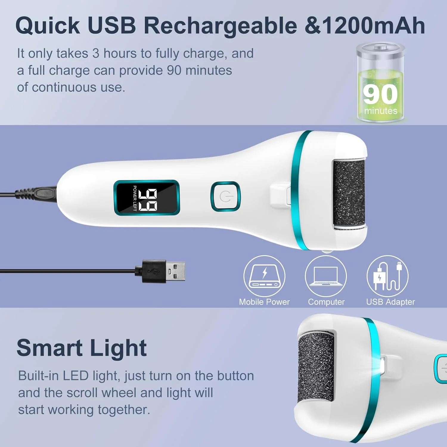 سوهان برقی پدیکور پا Wolady، سوهان برقی پا برای از بین بردن پینه، 2 سرعت، 3 غلتک تعویضی با کریستال، سوهان برقی حرفه ای قابل شارژ (سفید)