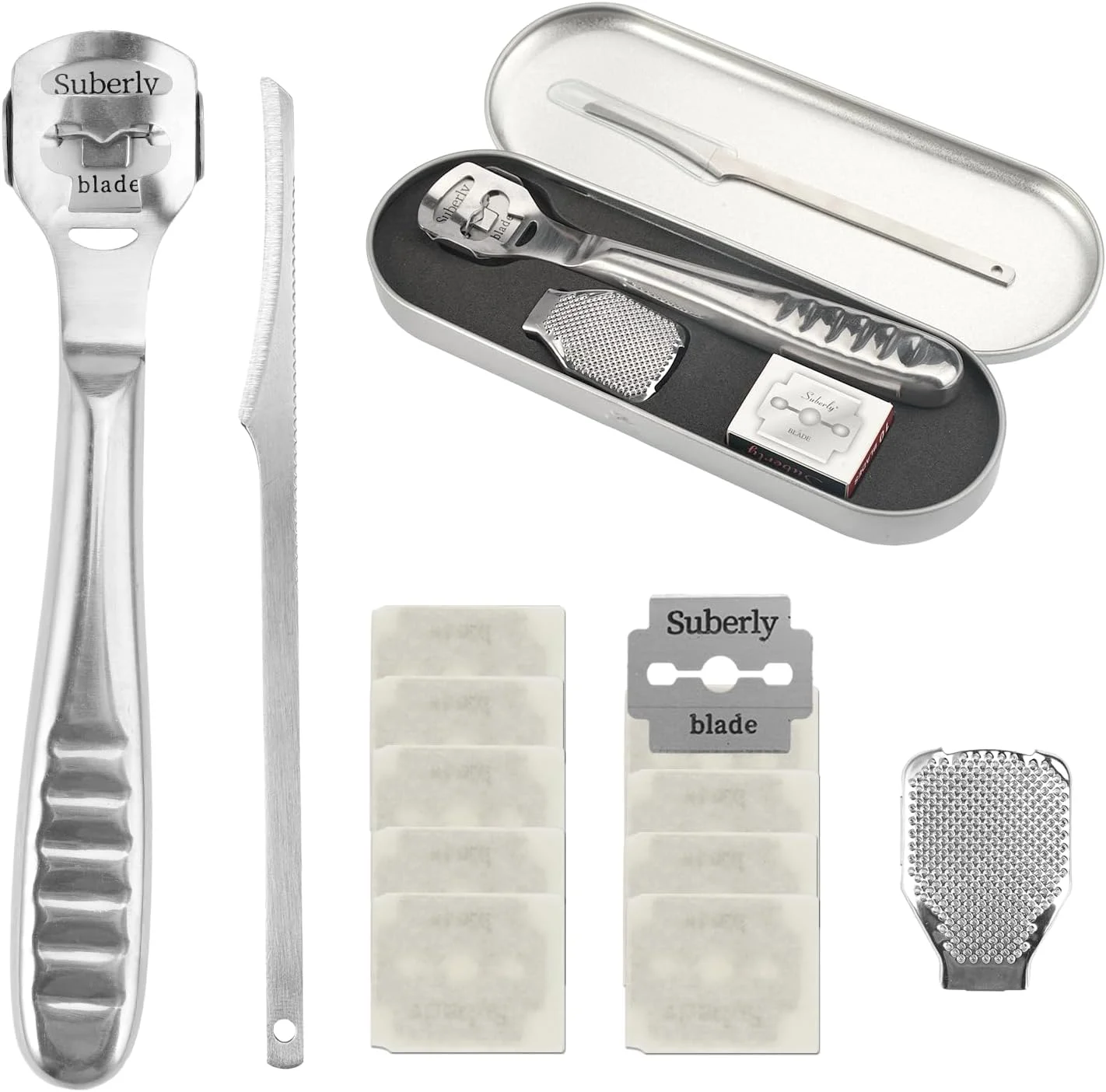 رنده پدیکور پا TESSTSY، رنده پدیکور پا استیل ضد زنگ، اسکالپل پدیکور، سوهان پا، کاتر ذرت، کیت ابزار پدیکور حرفه ای با 10 تیغه نقره ای و کیف رنده پدیکور پا TESSTSY، رنده پدیکور پا استیل ضد زنگ، اسکالپل پدیکور، سوهان پا، کاتر ذرت، کیت ابزار پدیکور حرفه ای با 10 تیغه نقره ای و کیف