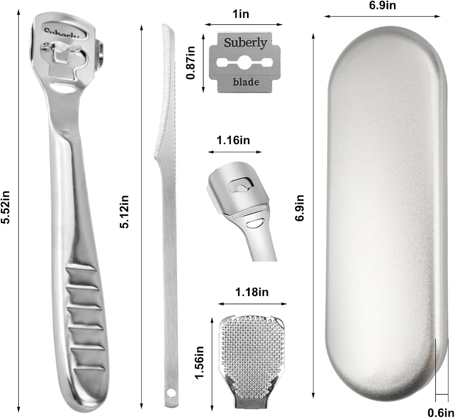 رنده پدیکور پا TESSTSY، رنده پدیکور پا استیل ضد زنگ، اسکالپل پدیکور، سوهان پا، کاتر ذرت، کیت ابزار پدیکور حرفه ای با 10 تیغه نقره ای و کیف